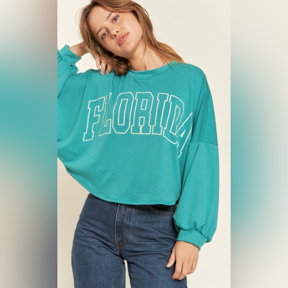Teal Florida Lightweight Crop  Long Sleeve Top
